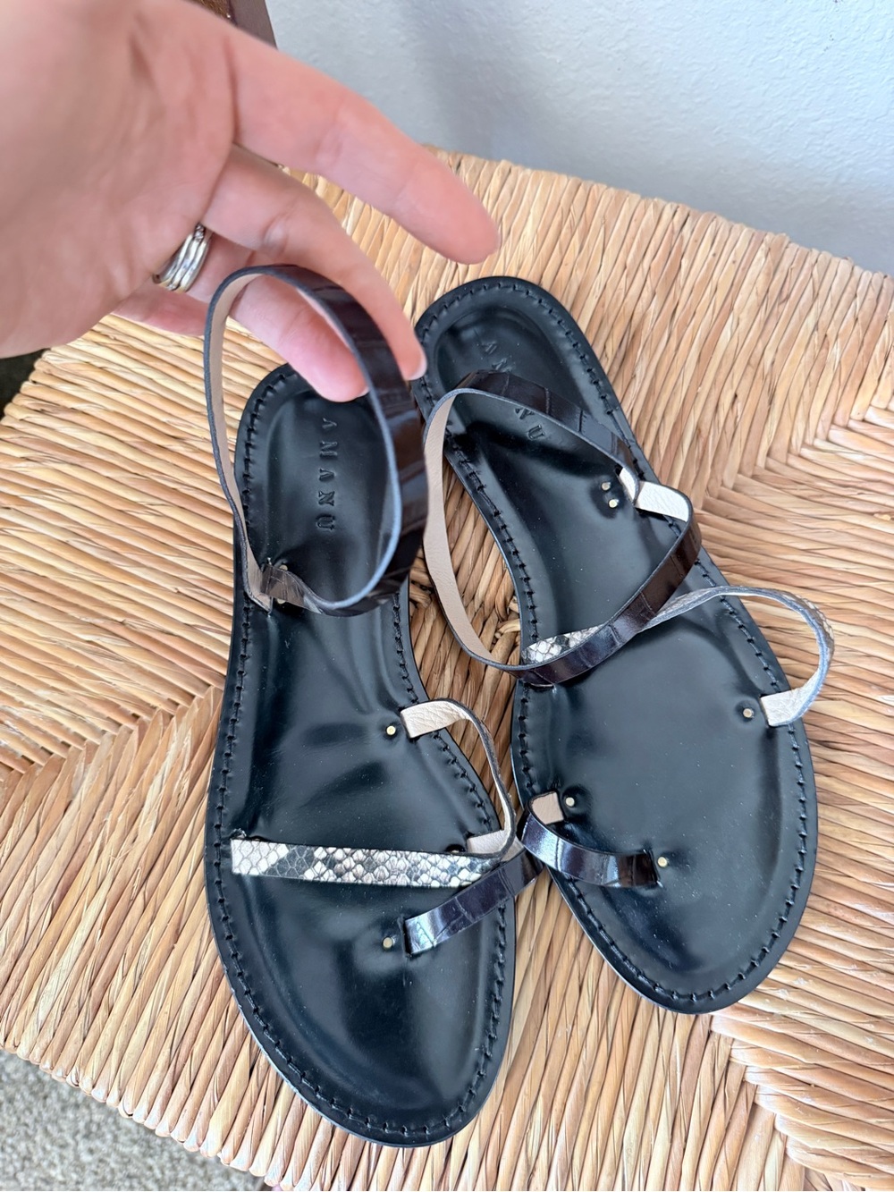 $360 Amanu Designer Black Flat Ankle-Strap Sandals with Snakeskin Accent